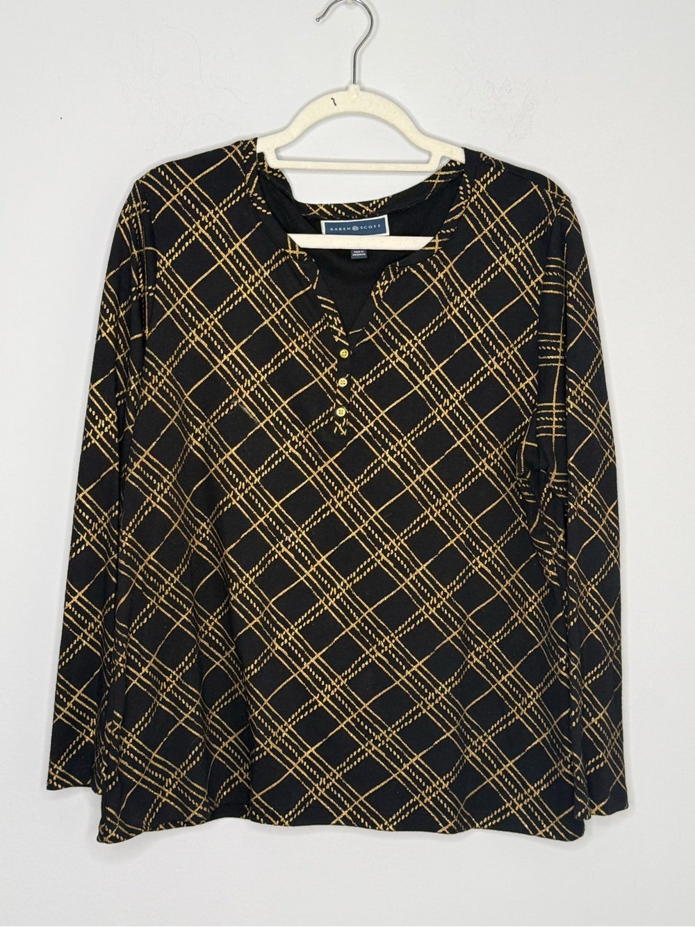 Karen Scott Black Gold Knit Top Metallic Geometric Long Sleeve Cotton Blend XL